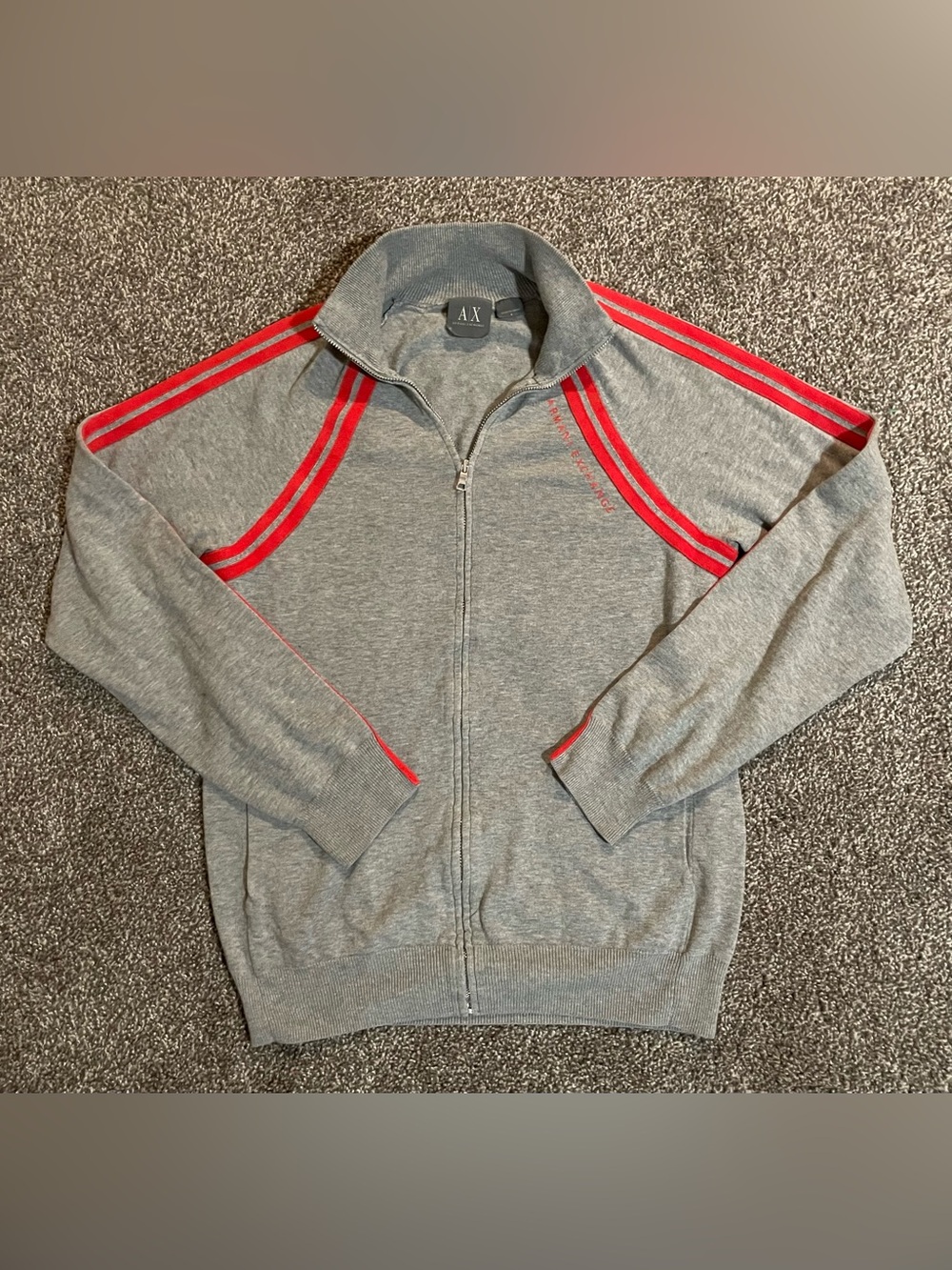 Armani Exchange Gray Zip-Up Sweater with Red Stripes